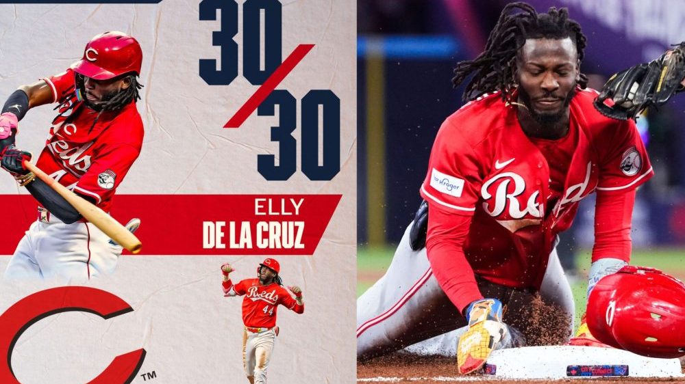 Elly De La Cruz deslizándose de cabeza al robar la tercera base en Toronto para completar su temporada 30-30