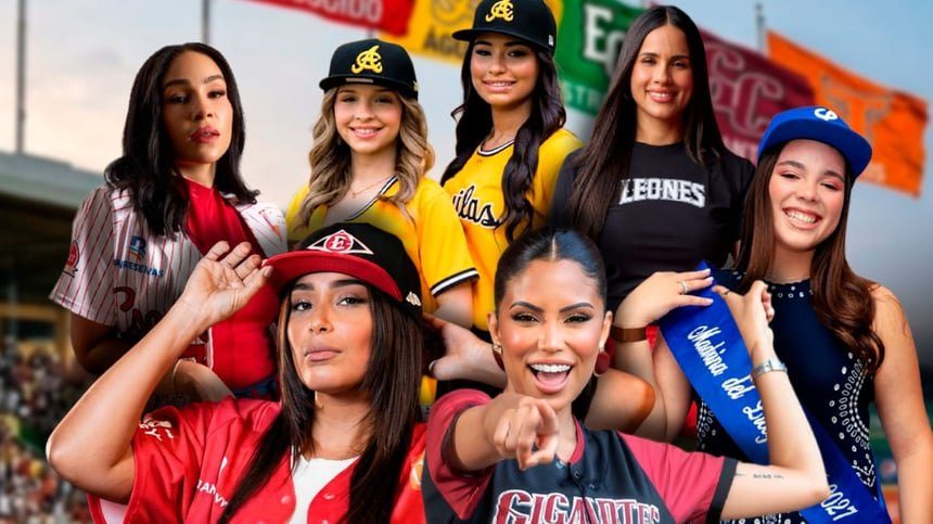 Animadoras de equipos de la LIDOM en el estadio durante la temporada de béisbol invernal dominicano