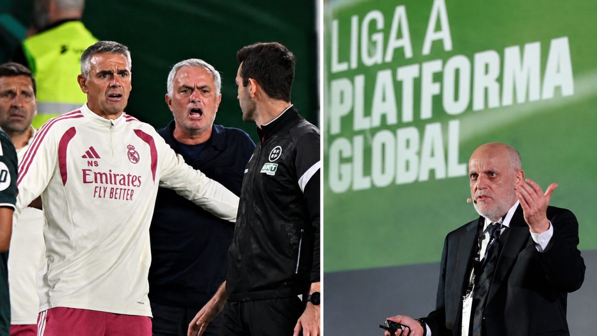 Javier Tebas, presidente de LaLiga, en acto oficial junto al escudo del Real Madrid durante una rueda de prensa