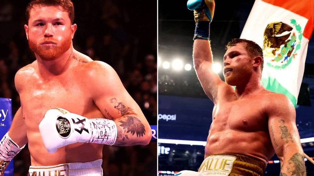 Canelo Álvarez en postura de boxeo durante un entrenamiento, con guantes rojos y expresión concentrada