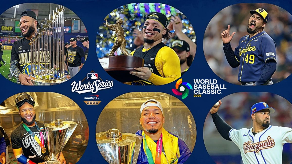 Jackson Chourio, William Contreras y Antonio Senzatela celebran el título de la Serie Mundial 2026 con los Milwaukee Brewers