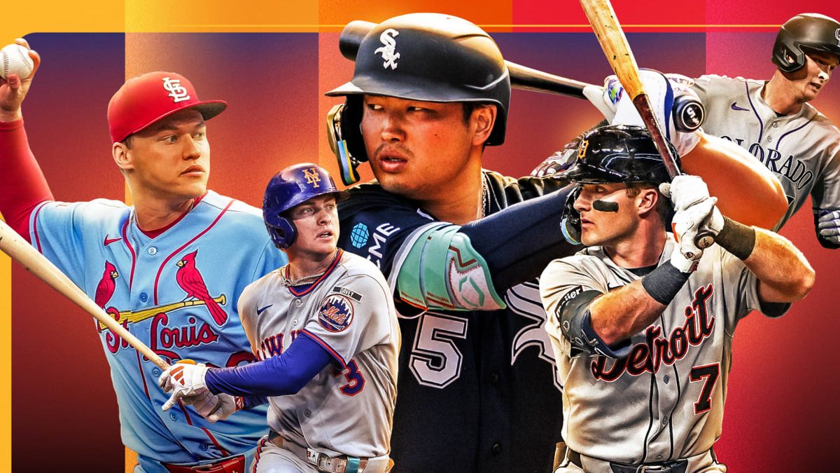 Collage de los mejores rookies de la temporada 2026 de MLB posando en sus uniformes de equipo