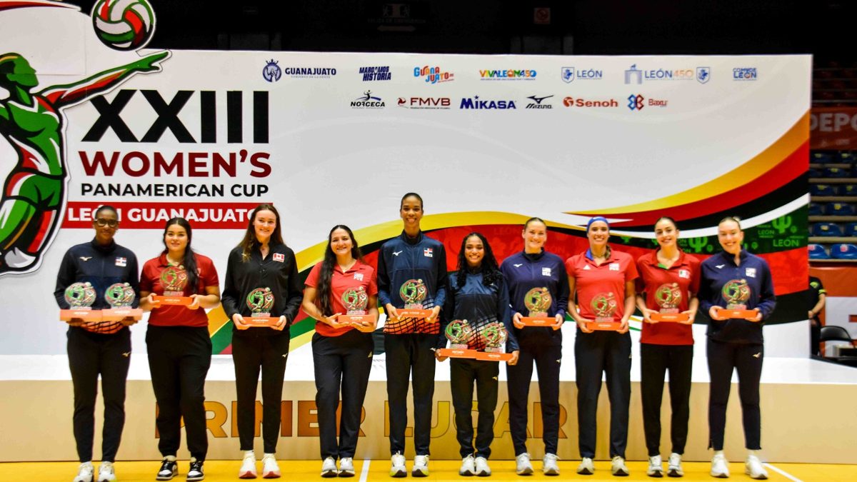 Jugadoras del sexteto femenino dominicano celebrando durante la Copa Panamericana de Voleibol 2026