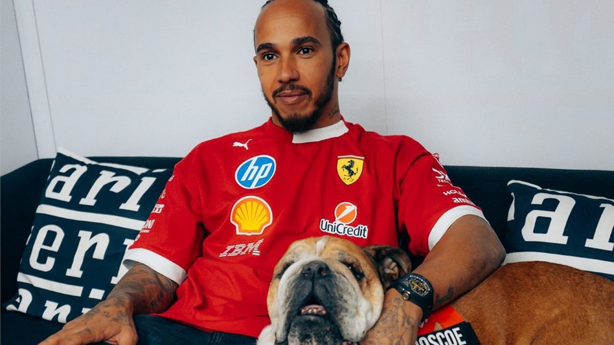 Lewis Hamilton con su bulldog inglés Roscoe en el paddock de la Fórmula 1