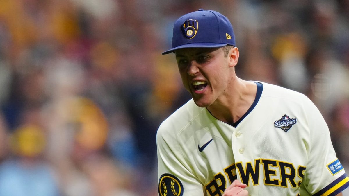 Jacob Misiorowski lanzando en el Juego 1 de la Serie Mundial 2026 en Milwaukee con velocidad récord de 103.5 mph