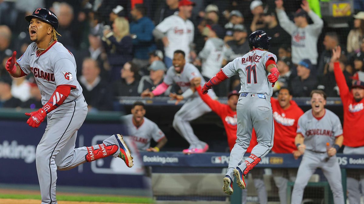 José Ramírez celebra su jonrón de dos carreras en el Juego 4 de la ALDS en Rate Field de Chicago