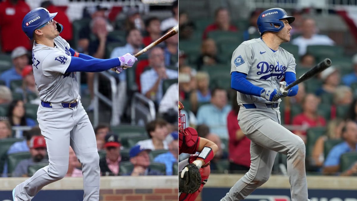 Kiké Hernández celebrando su jonrón de dos carreras contra Chris Sale en el Juego 3 del NLDS en Truist Park