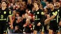 Marcos Llorente celebra su gol ante el Liverpool en Anfield durante la Champions League