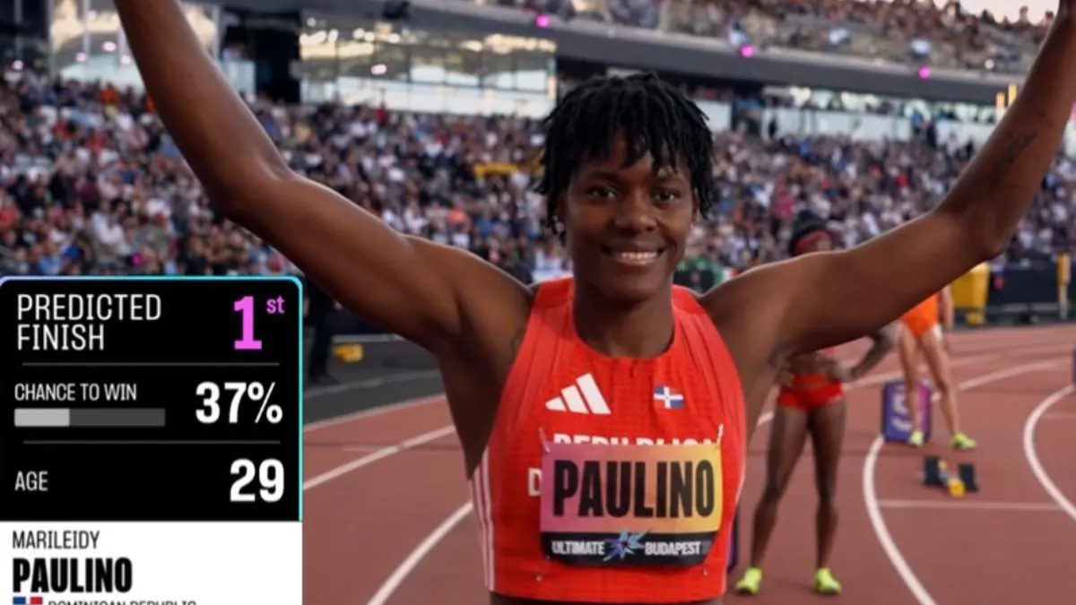Marileidy Paulino cruza la línea de meta en los 400 metros del World Athletics Ultimate Championship en Budapest