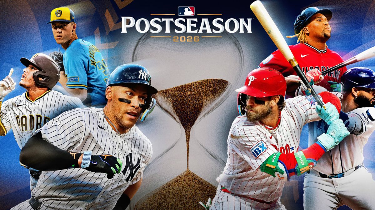 Jugadores de béisbol en el dugout durante los playoffs de MLB 2026, con uniformes de equipos contendientes