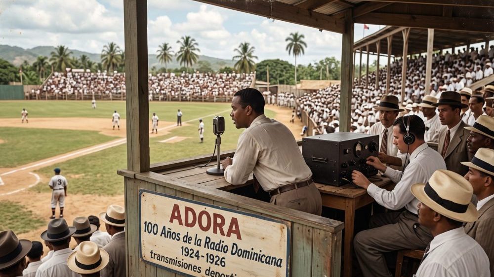 Micrófono de radio vintage junto a un guante y una pelota de béisbol, evocando el centenario de la radio deportiva dominicana