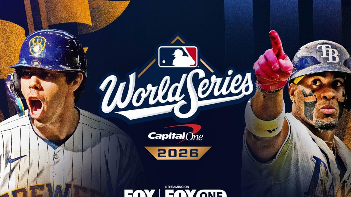 Logos de los Cerveceros de Milwaukee y los Rays de Tampa Bay frente al trofeo del Comisionado de la Serie Mundial 2026