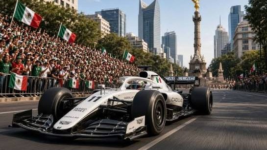 Checo Pérez conduciendo un monoplaza de Cadillac F1 por el Paseo de la Reforma en Ciudad de México