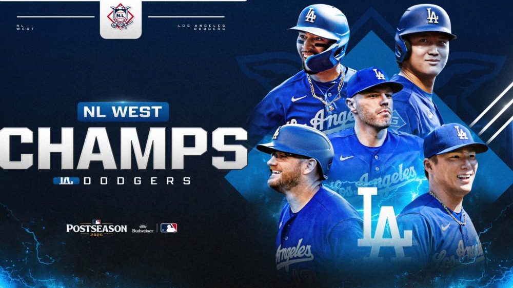 Jugadores de los Dodgers celebran con champaña en el clubhouse tras conquistar el título del Oeste de la Liga Nacional 2026