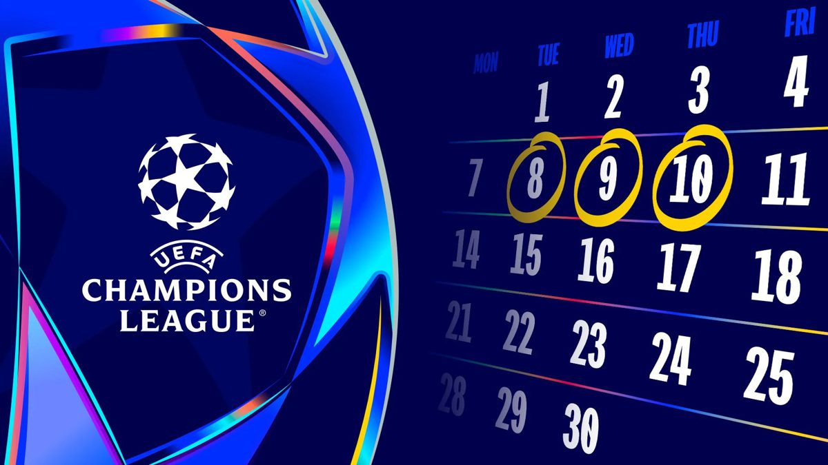Partido de la UEFA Champions League con aficionados en las tribunas y jugadores disputando el balón en el centro del campo