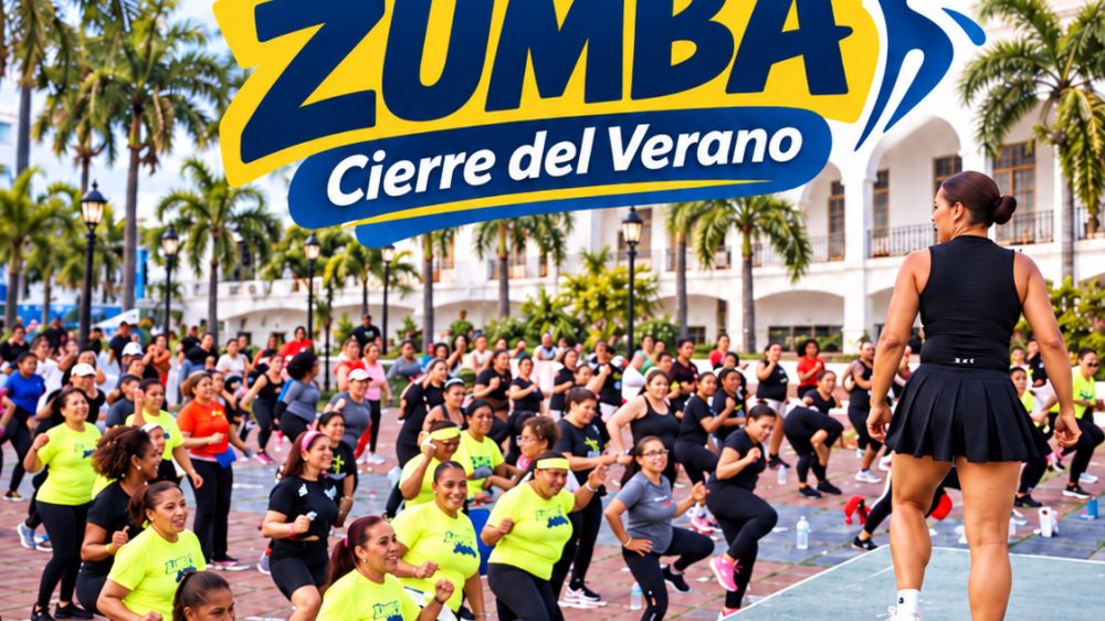 Grupos de zumba bailando en el Anfiteatro de la Alcaldía de Santiago durante el Zumbatón de Fin de Verano